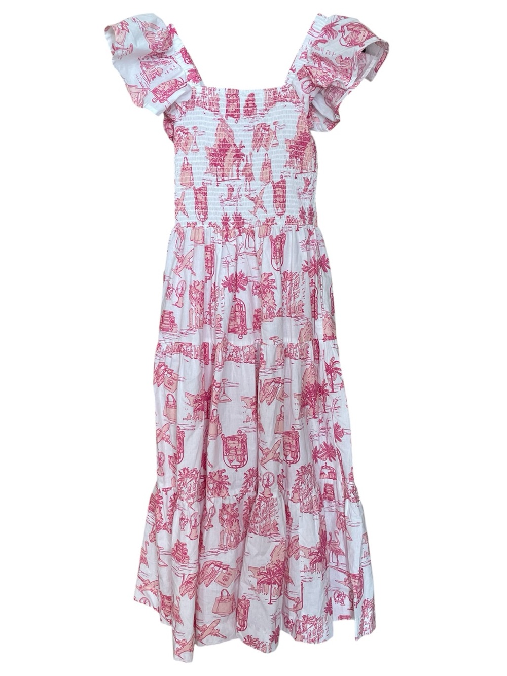 8 Oak Lane Pink Toile Flutter Sleeve Smocked Cotton Dress Medium Cottagecore